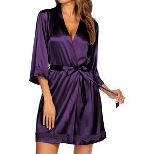 Women's Lace-Trim Kimono Style Short Satin Robe Sleepwear with 3/4 Sleeve-Purple